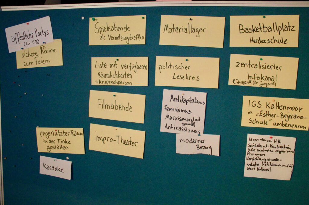 Eine Moderationswand mit vielen Kärtchen, auf denen die Bedarfe, Ideen und Formate zukünftiger Aktivitäten gesammelt wurden.