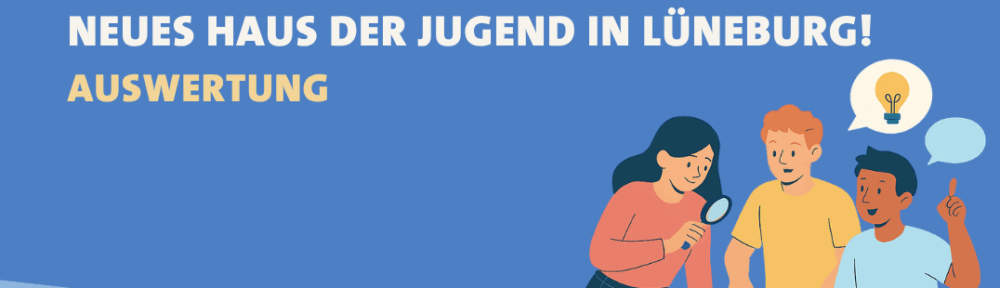 Beispielbild: Drei Personen diskutieren über einen Tisch mit Bauplänen, daneben ein Notizblock und ein Stift, Sprechblase mit Glühbirne, Text: 'Realitätswerkstatt Neues Haus der Jugend in Lüneburg! Auswertung'.